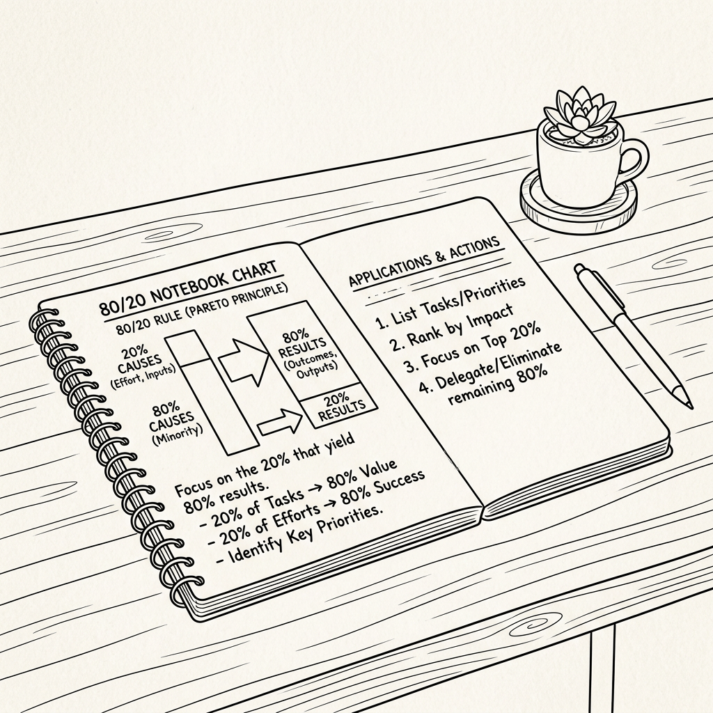 Notebook page showing 80/20 rule chart and applications for task prioritization