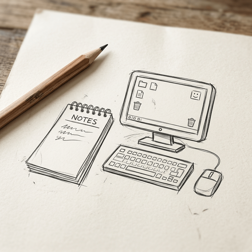 Sketch of a computer with keyboard and mouse beside a notebook titled 'NOTES'